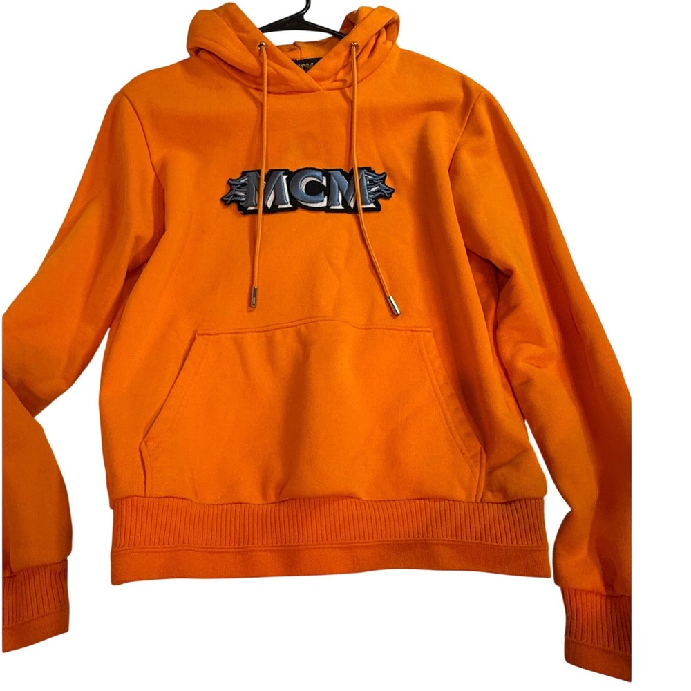 MCM Orange Logo Embroidered Hoodie Sweatshirt Womens Flame Patch Pullover